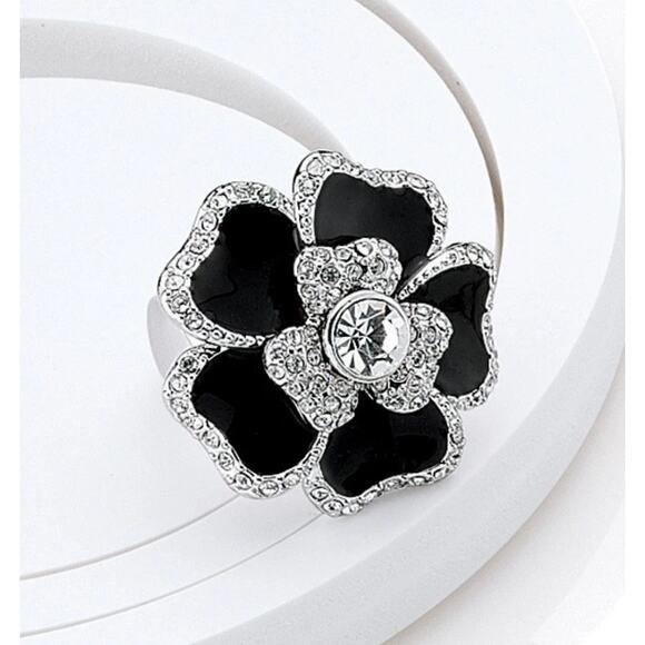 Lia Sophia Blooming Ring Black Dahlia Flower Rhinestone Statement Cocktail Sz 7 - Picture 1 of 6